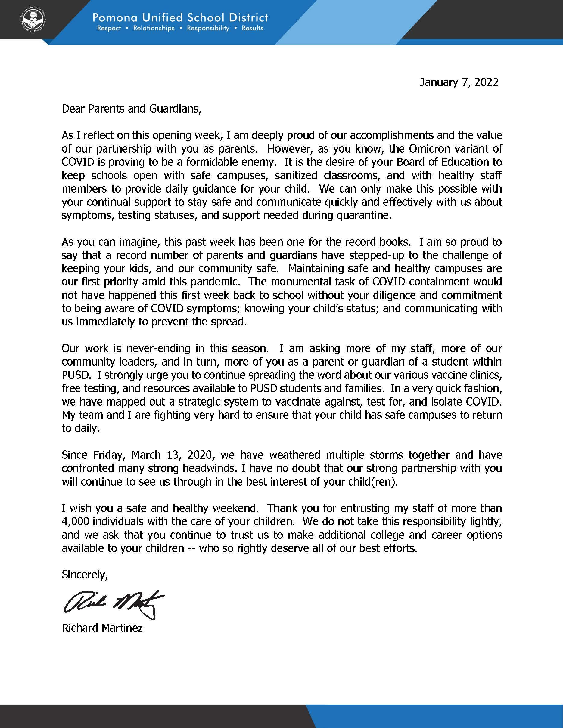 Supts letter to parents