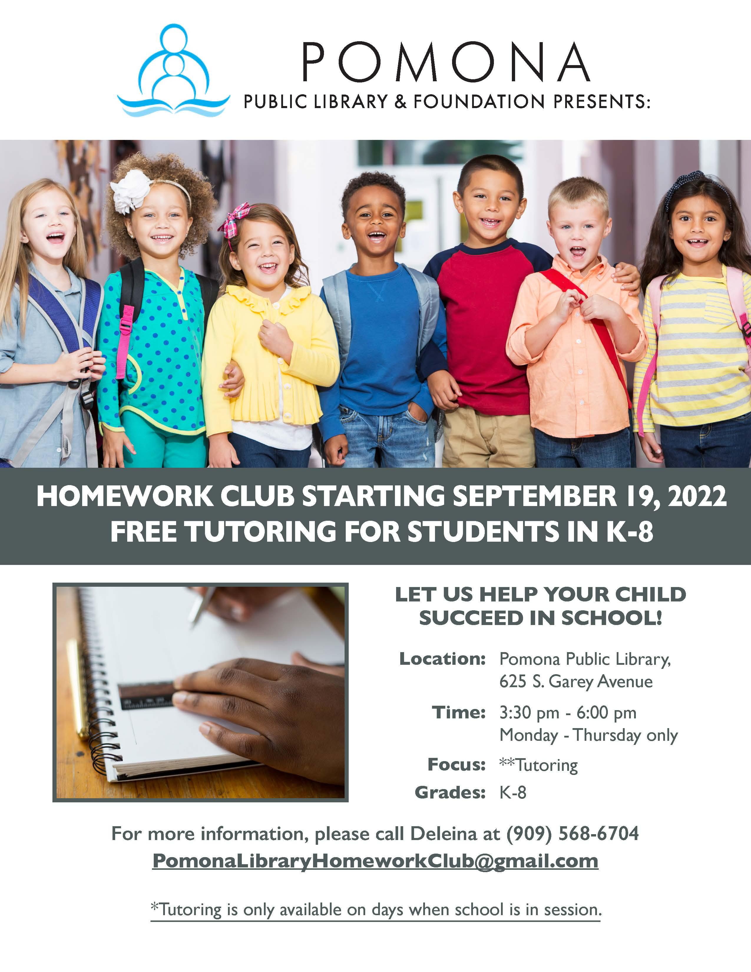 Free Tutoring Flyer-Pomona Public Library Grades K-8th